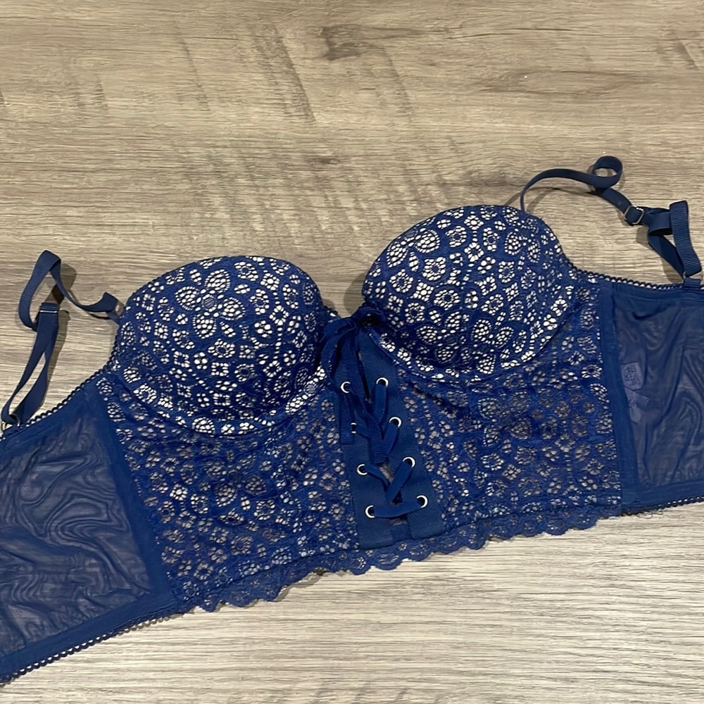Victoria Secret padded Demi-buste zip up corset bra 32c navy